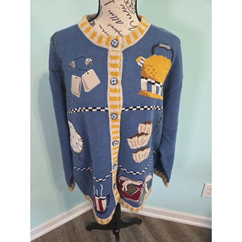 QUACKER FACTORY 90s Vintage Cardigan Sweater large tea time theme grandma core